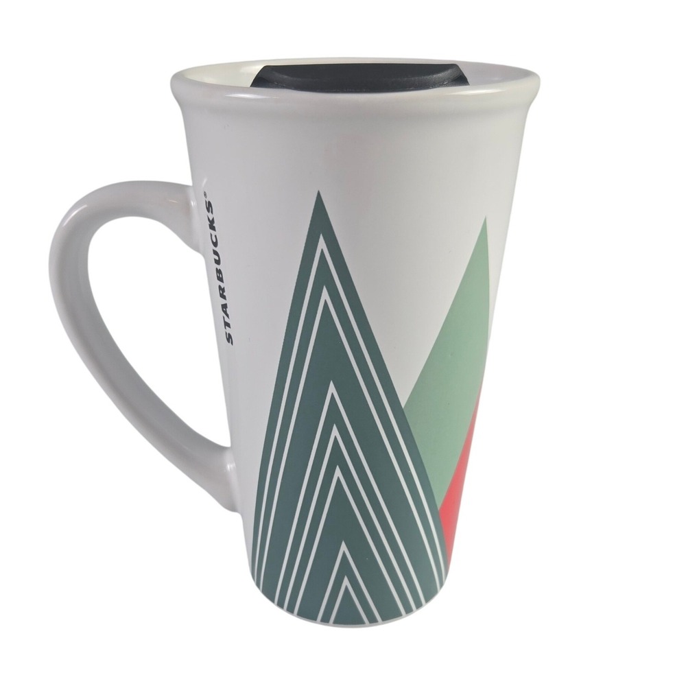 Starbucks 14 Oz Ceramic Travel Mug White‎ Geometric with Black Lid Coffee Cup